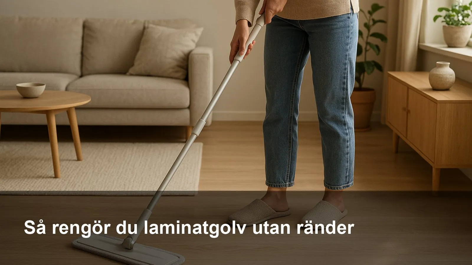 Mikrofibermopp som dras över ett ljust laminatgolv i solljus, rent och utan ränder.