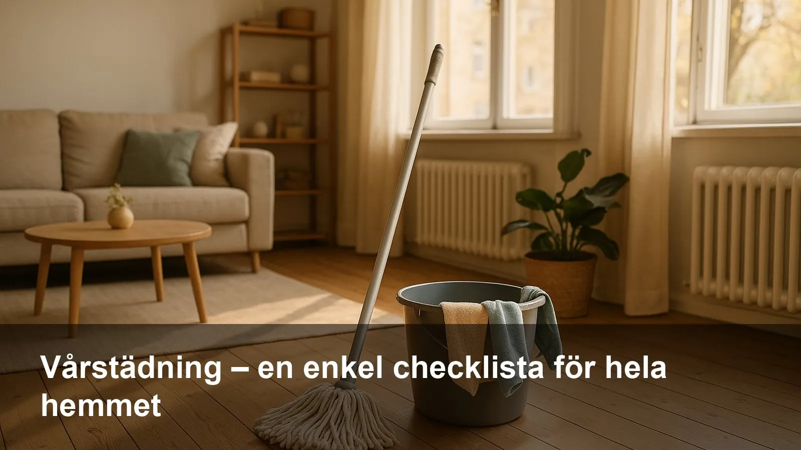 Ljust svenskt vardagsrum med öppna fönster, städhink, mopp och trasor i vårsol.