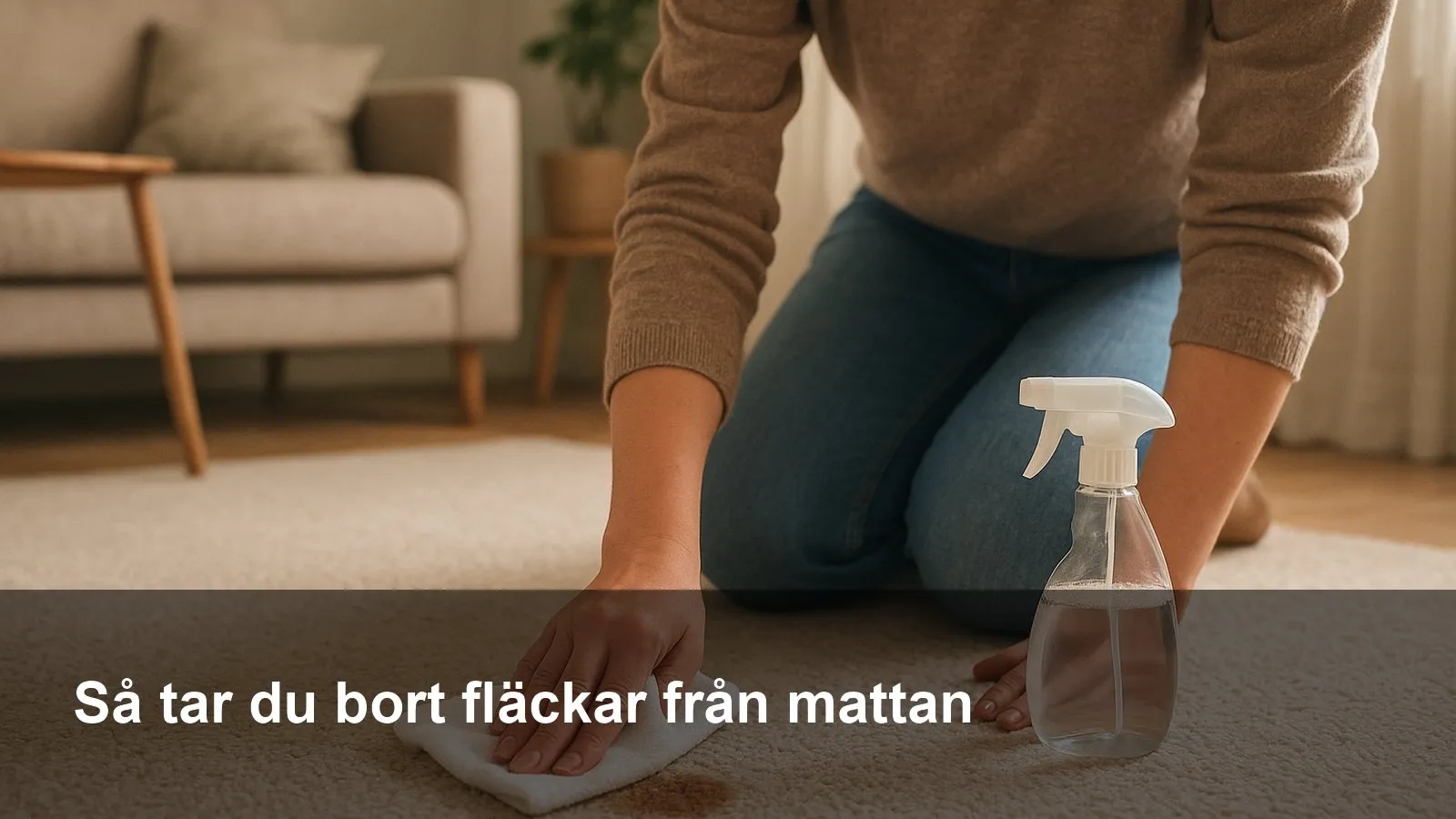 Närbild av en hand som baddar en fläck på en ljus matta med en vit trasa.
