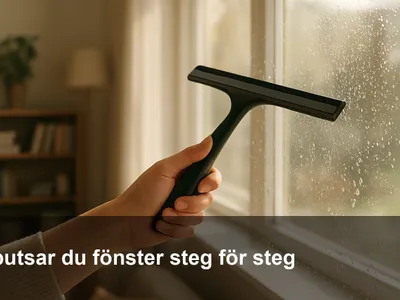Hand med fönsterskrapa drar bort vatten på en solbelyst fönsterruta