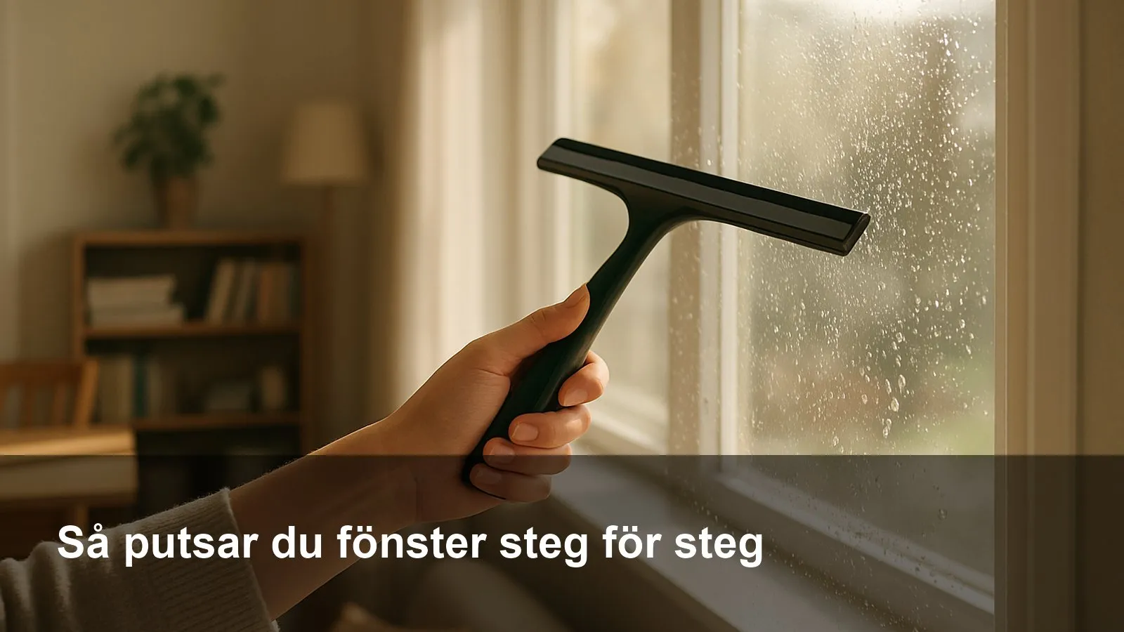 Hand med fönsterskrapa drar bort vatten på en solbelyst fönsterruta
