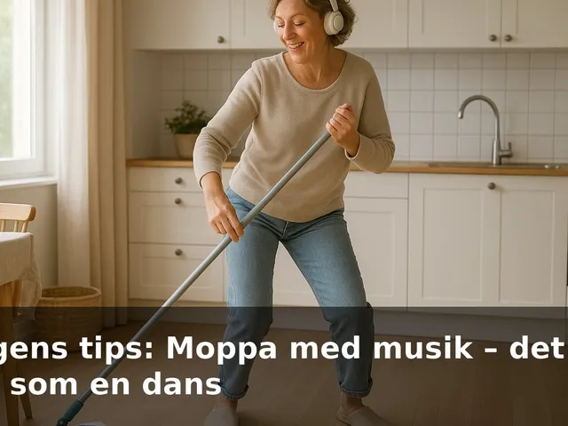 En kvinna moppar ett ljust köksgolv med hörlurar på och rör sig i takt till musiken.