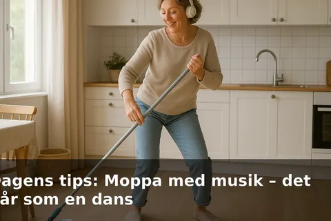 En kvinna moppar ett ljust köksgolv med hörlurar på och rör sig i takt till musiken.