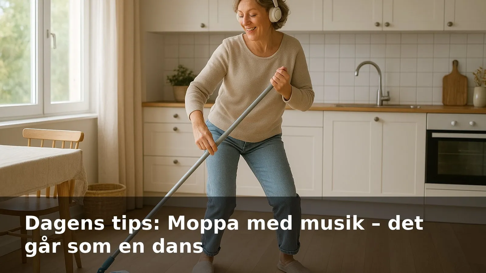 En kvinna moppar ett ljust köksgolv med hörlurar på och rör sig i takt till musiken.
