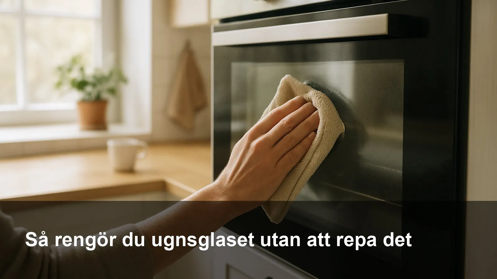 Närbild på en ugnslucka där någon torkar glaset med en ren mikrofiberduk.