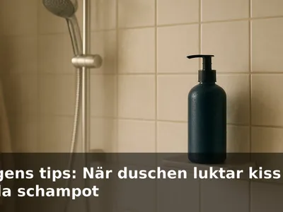 En kaklad dusch med schampoflaskor, fokus på en mörkblå flaska på hyllan.