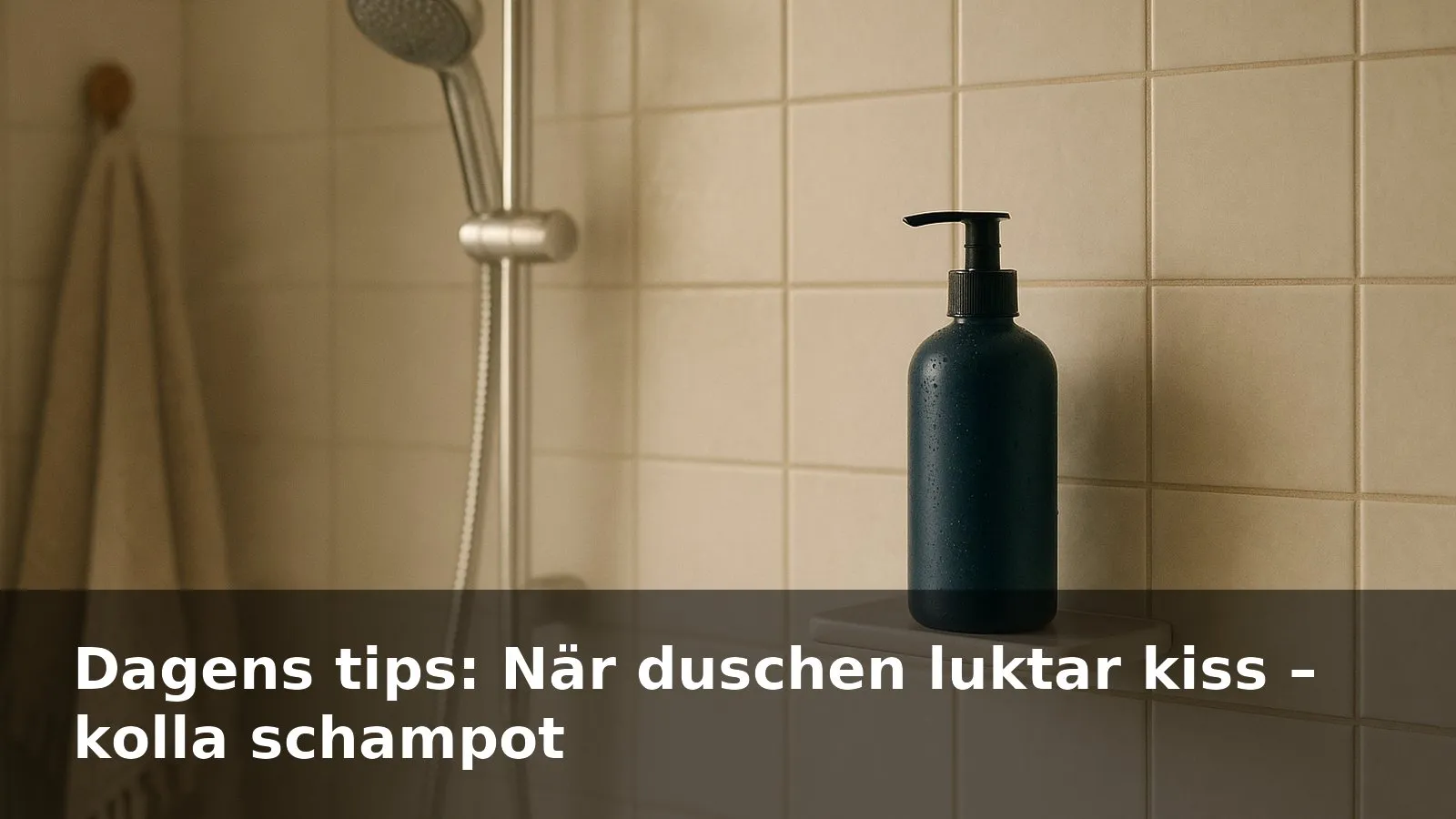 En kaklad dusch med schampoflaskor, fokus på en mörkblå flaska på hyllan.