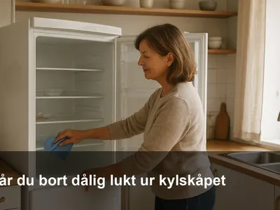 Öppen kyl med utdragna hyllor på diskbänken medan någon torkar insidan med en mikrofiberduk.