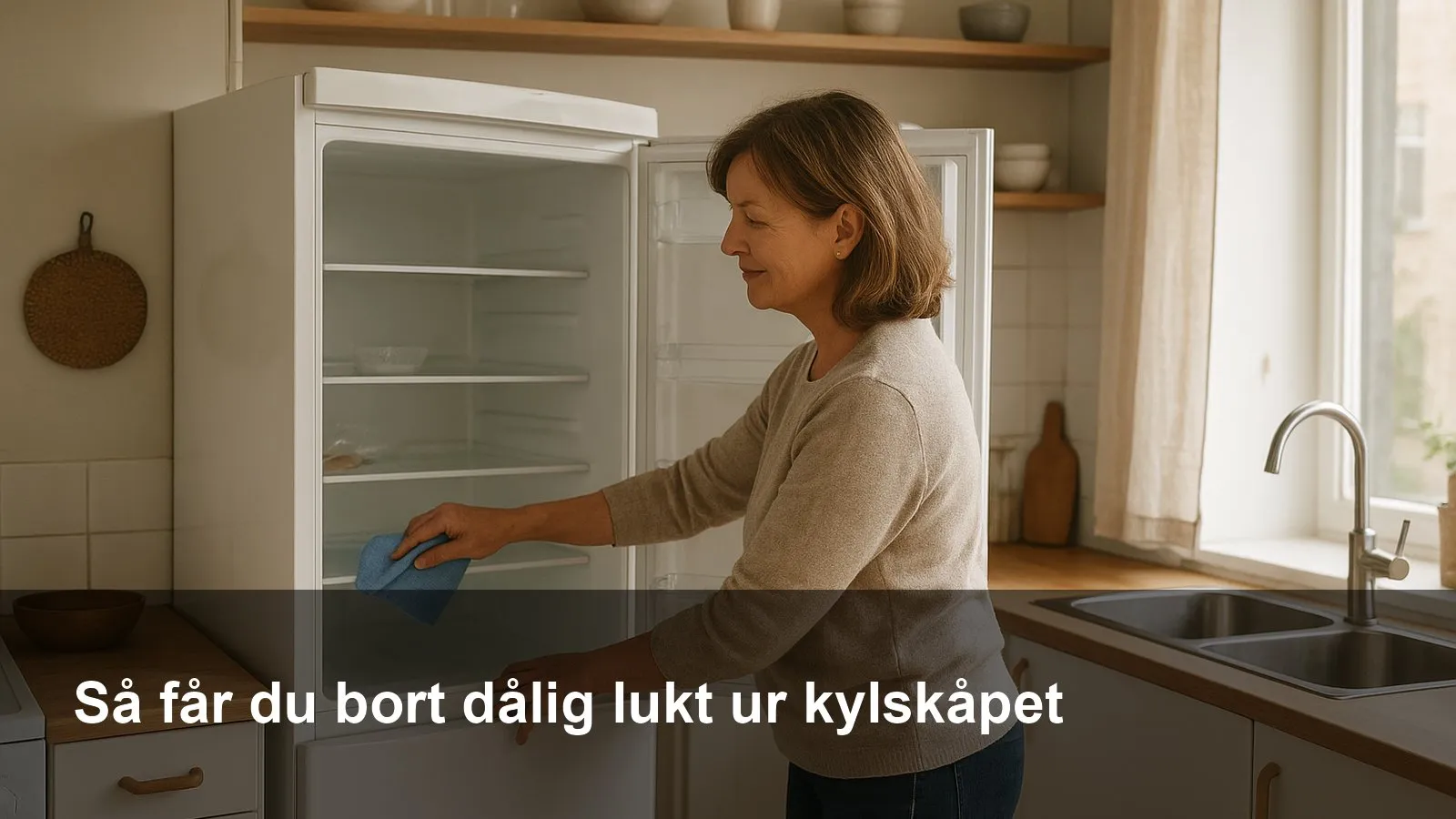 Öppen kyl med utdragna hyllor på diskbänken medan någon torkar insidan med en mikrofiberduk.