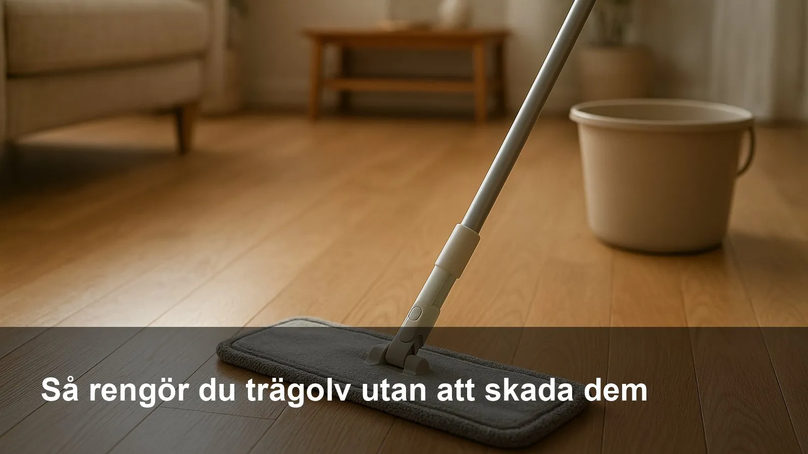 Lätt fuktig mikrofibermopp dras över ett ljust trägolv med en hink i bakgrunden.