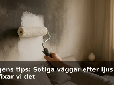 En roller lägger vit spärrgrund över en sotig vägg i ett litet rum.