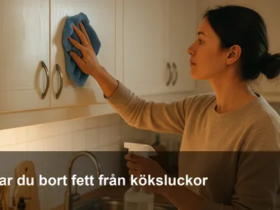 Person som rengör kladdiga köksluckor med mikrofiberduk och diskmedelsvatten.