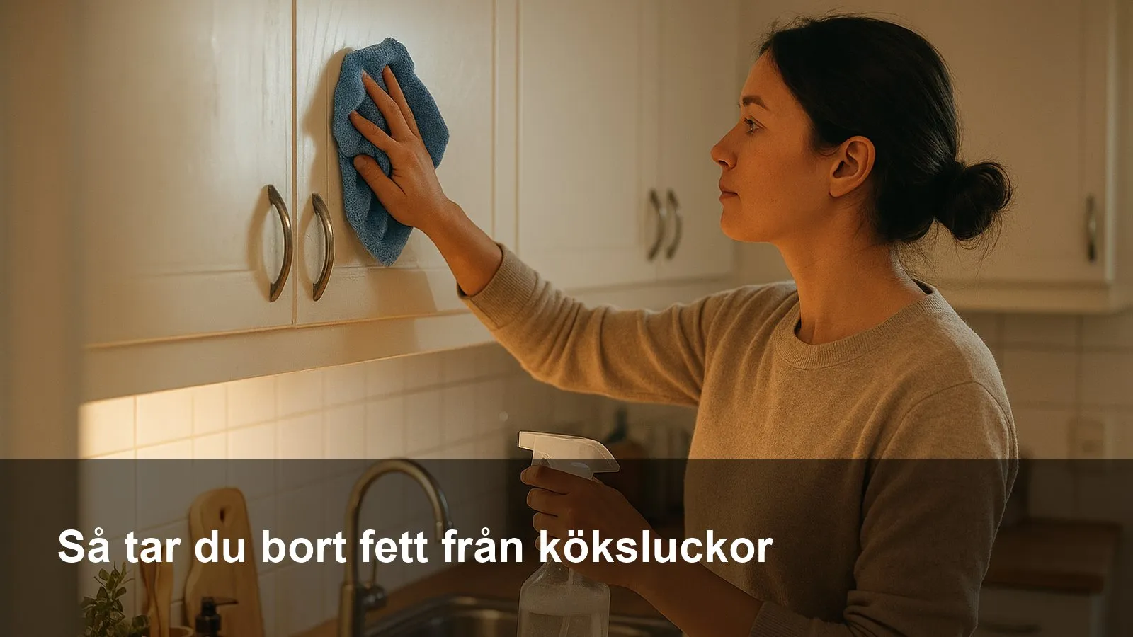Person som rengör kladdiga köksluckor med mikrofiberduk och diskmedelsvatten.