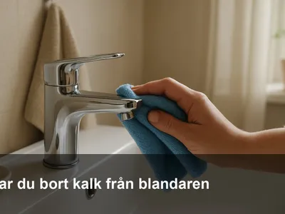 Hand som polerar en kromad badrumsblandare med mikrofiberduk efter avkalkning