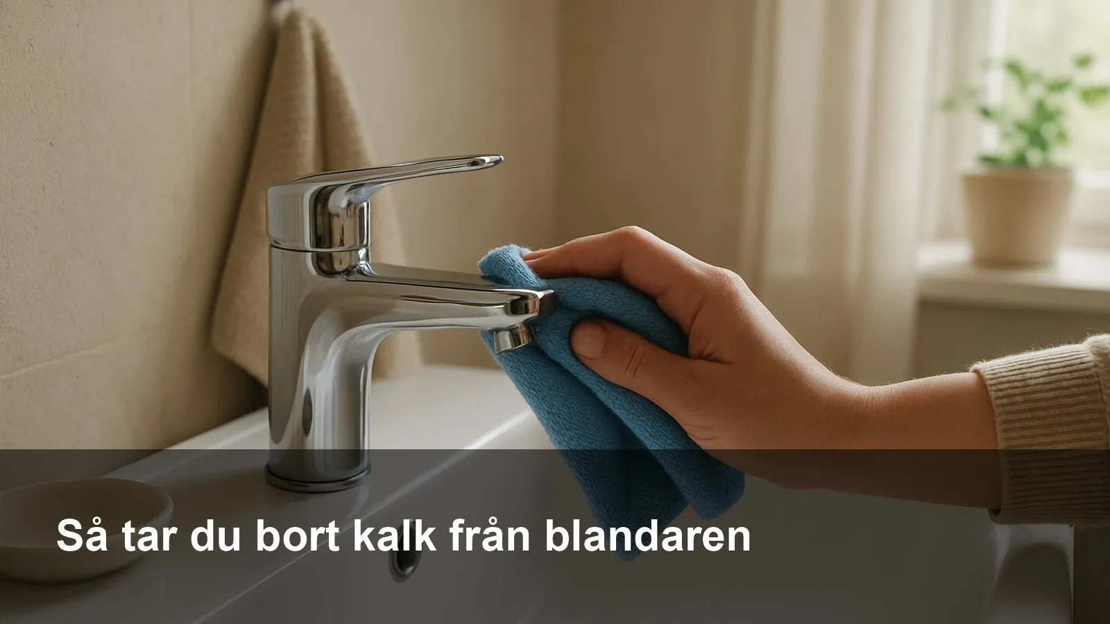 Hand som polerar en kromad badrumsblandare med mikrofiberduk efter avkalkning
