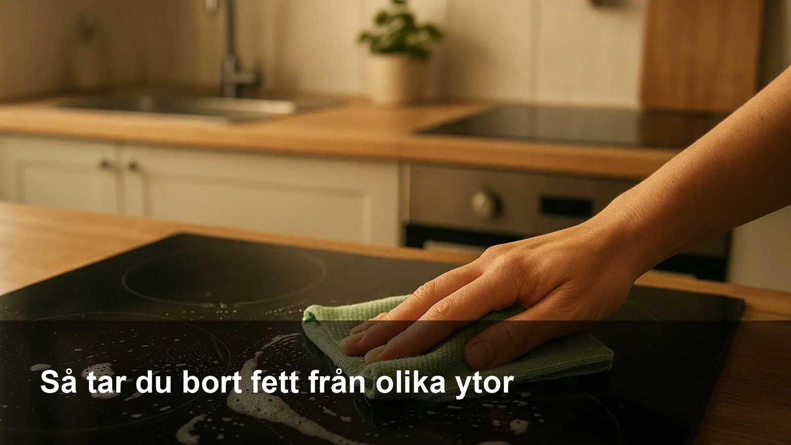 Hand som torkar bort fett på en spishäll med mikrofiberduk och lite diskmedelsskum