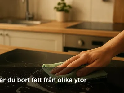 Hand som torkar bort fett på en spishäll med mikrofiberduk och lite diskmedelsskum