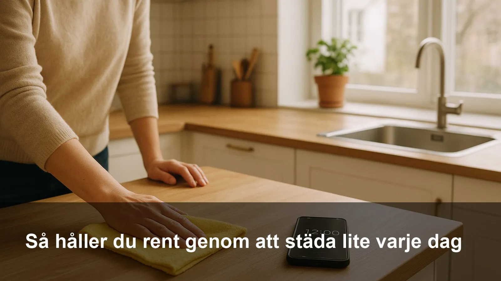 Hand som torkar av en köksbänk med mikrofiberduk medan en timer på mobilen räknar ner.