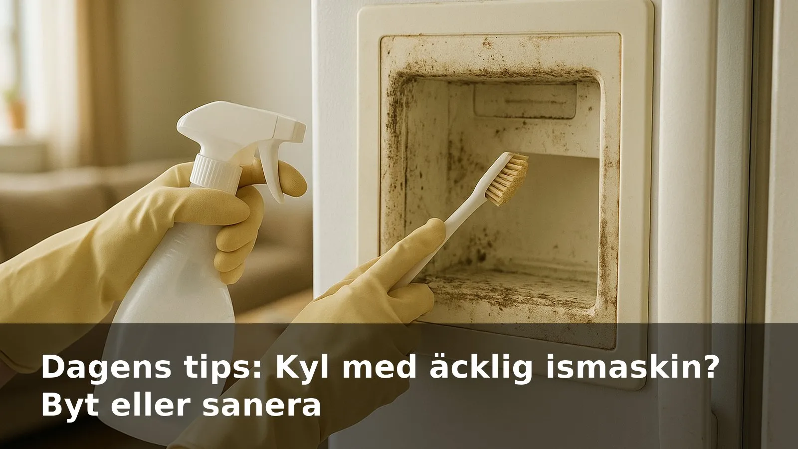 Hand i handskar som skrubbar en smutsig isdispenser i en kyl med liten borste.