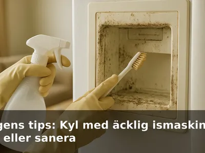 Hand i handskar som skrubbar en smutsig isdispenser i en kyl med liten borste.