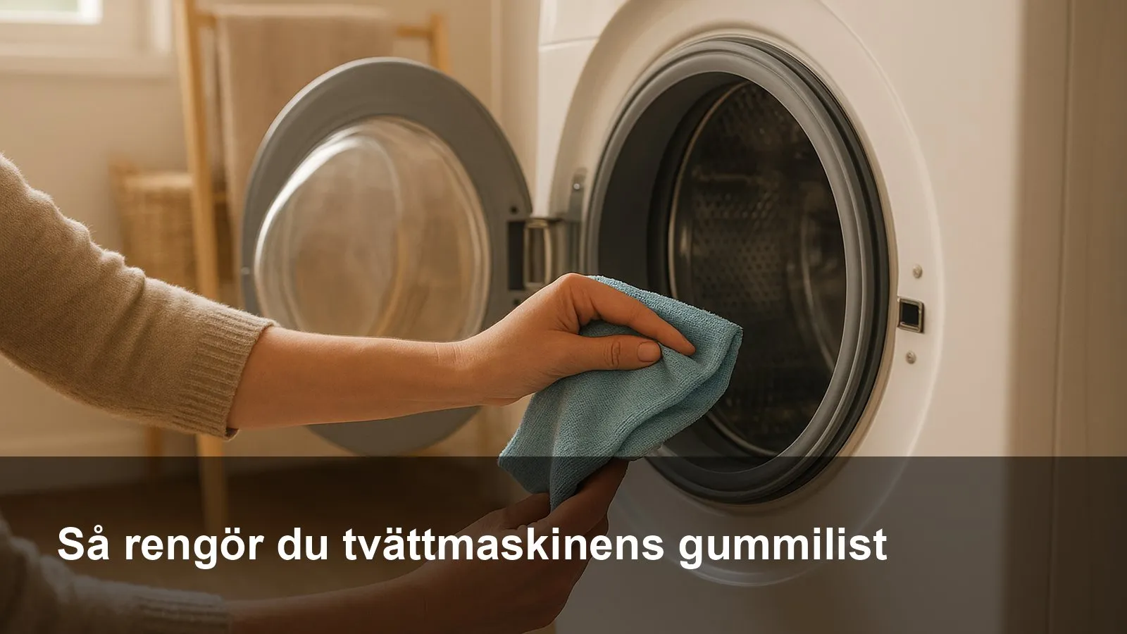 Hand som viker ut gummilisten på en frontmatad tvättmaskin och torkar rent i vecken med en mikrofiberduk.