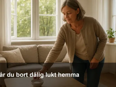 Ett ljust vardagsrum med öppna fönster; en person vädrar och ställer en skål med bikarbonat på soffbordet.