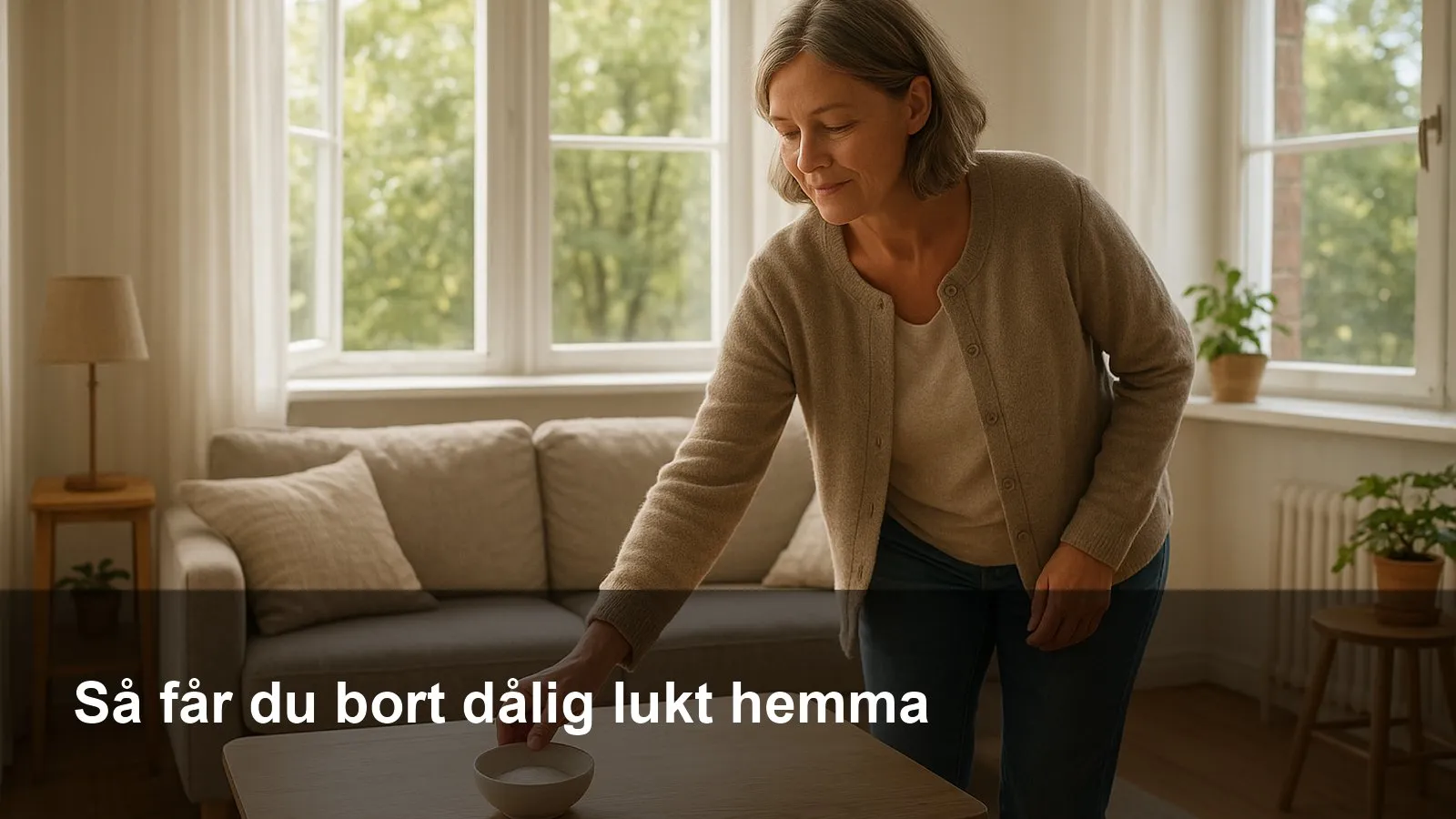 Ett ljust vardagsrum med öppna fönster; en person vädrar och ställer en skål med bikarbonat på soffbordet.