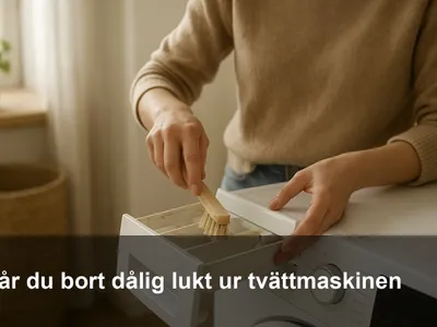 Person som drar ut tvättmedelsfacket och borstar rent det vid en tvättmaskin i tvättstugan.