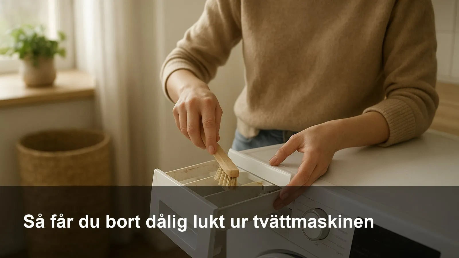 Person som drar ut tvättmedelsfacket och borstar rent det vid en tvättmaskin i tvättstugan.