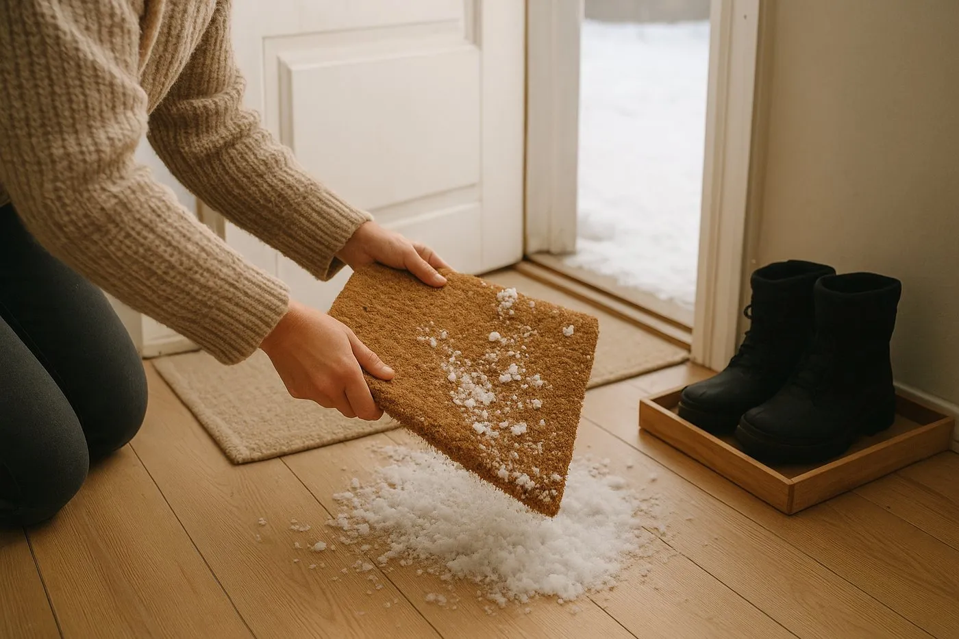 Hall med vinterstövlar på en bricka och någon som skakar en dörrmatta utanför i snön.