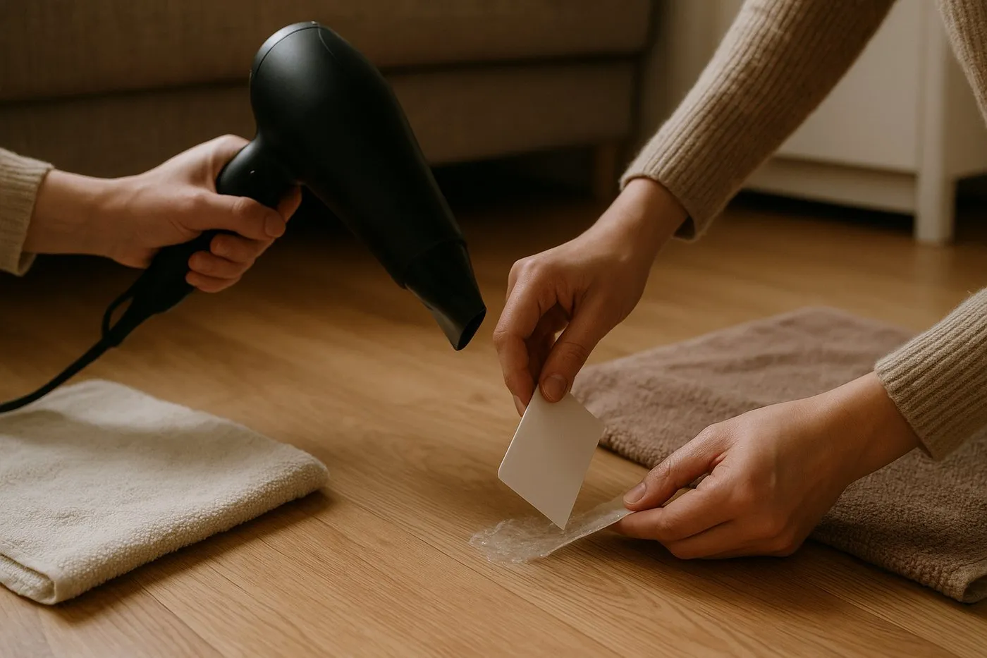 En hand värmer ett klistrigt hörn med hårtork och skrapar försiktigt med ett plastkort på ett trägolv.