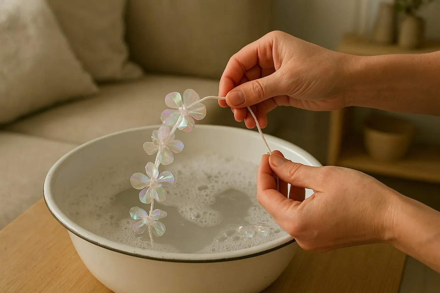 Närbild av händer som sköljer en plastblomssträng och nylontråd i en balja med kallt vatten och lite diskmedel