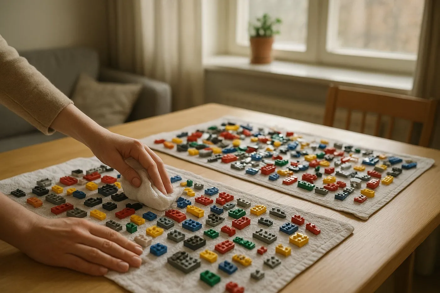 Legobitar utlagda på handdukar på ett bord för att lufttorka efter tvätt.