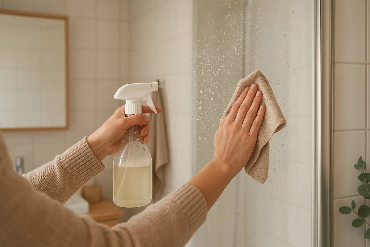 Sprayflaska med ättika- och diskmedelsblandning som sprejas på duschglas, droppar syns på ytan.