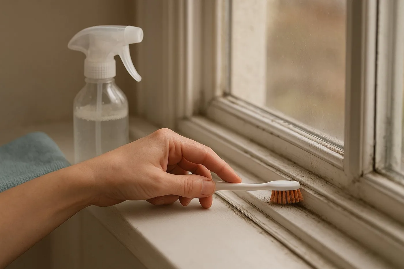 Tandborste som skrubbar smuts ur fönstrets spår bredvid en liten sprayflaska.