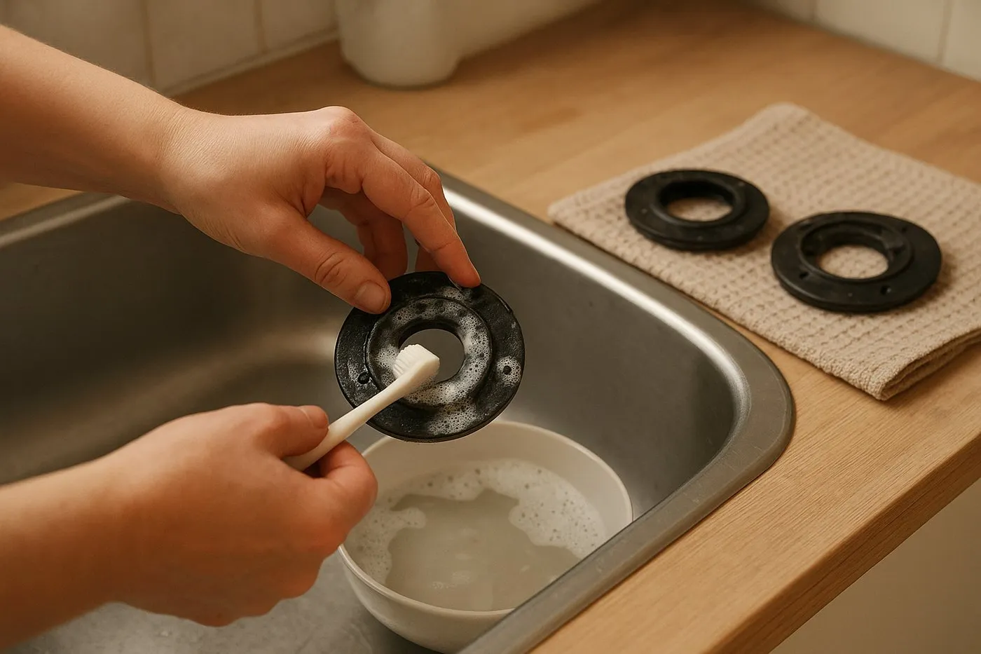 Närbild: en brännarhatt och ett brännarhuvud skrubbas med tandborste över diskhon