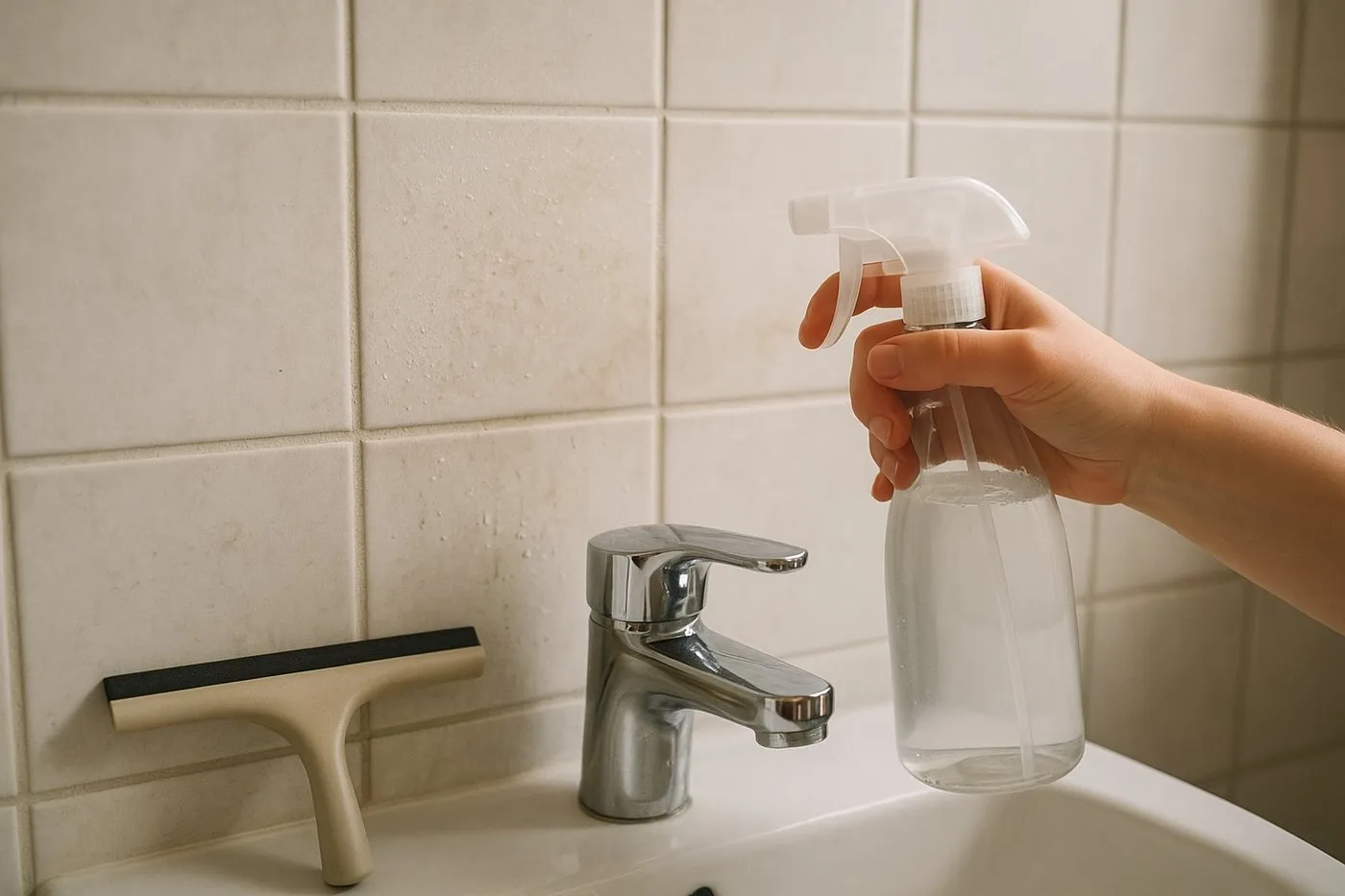 Spray med ättikslösning på kalkfläckar på kakelvägg vid duschblandaren