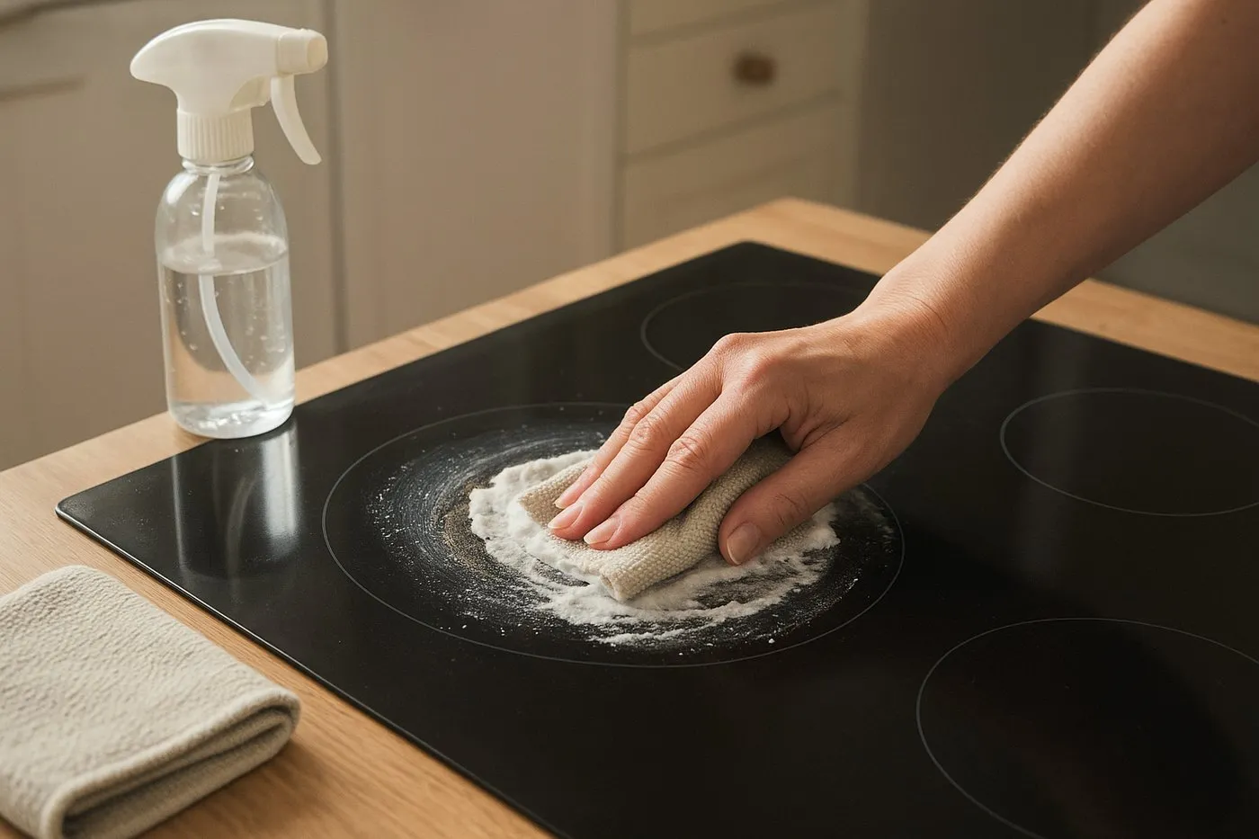Bikarbonatpasta ligger på en bränd ring på hällen, med mikrofiberduk och sprayflaska bredvid.