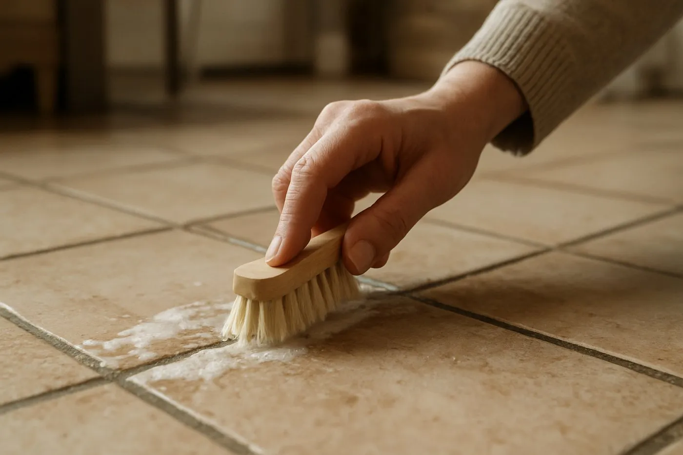 Närbild på en hand som skrubbar fogarna mellan klinker med en liten borste.
