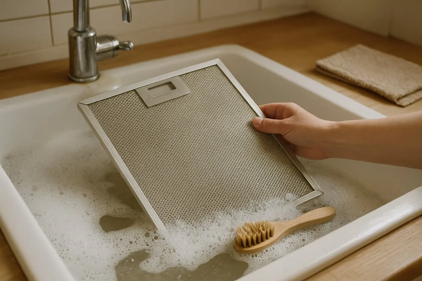Fettfilter ligger och blötläggs i hett diskvatten med diskmedel i diskhon