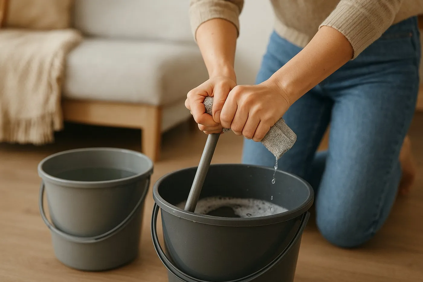 Tvåhink-metoden: en hink med rent vatten och en med medel, mikrofibermopp som vrids ur över hink på laminatgolv.