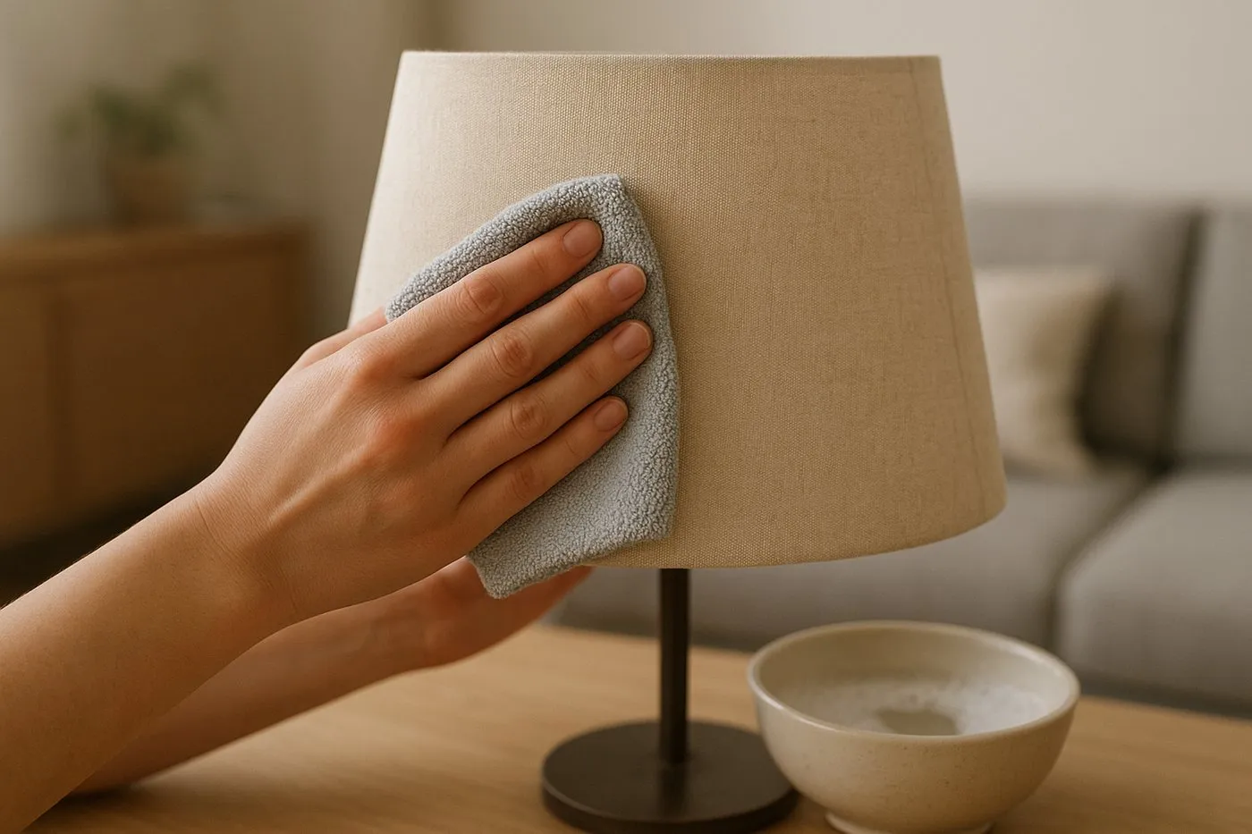 Närbild: en hand duttar bort en fläck på en beige tygskärm med en lätt fuktad mikrofiberduk och en liten skål med såpvatten bredvid.