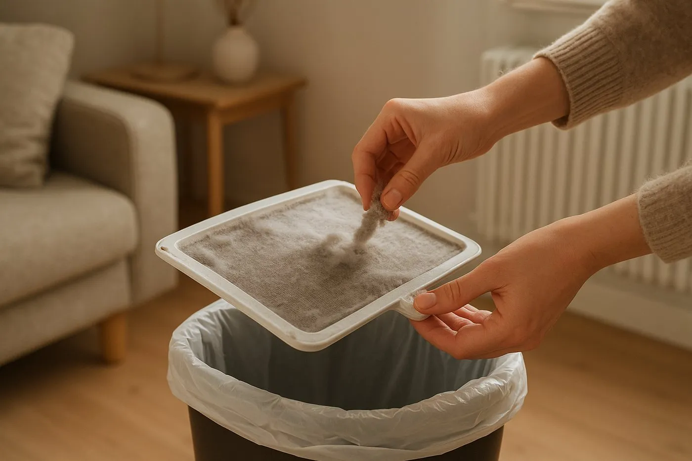 Hand som plockar bort ludd från torktumlarens filter över en soppåse