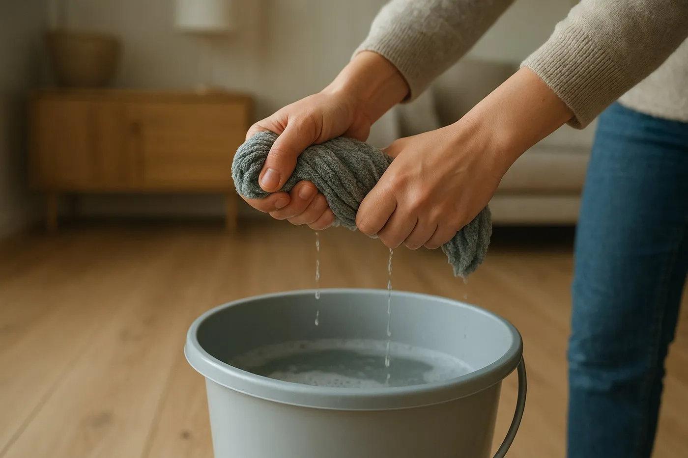 Händer som vrider ur en mikrofibermopp över en hink med milt trägolvsmedel