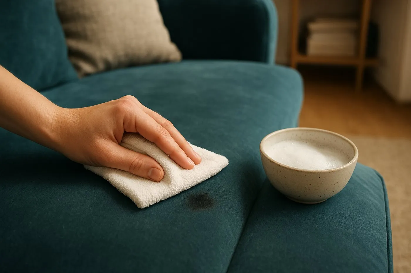 Baddar bort en liten fläck på sammet med vit mikrofiberduk