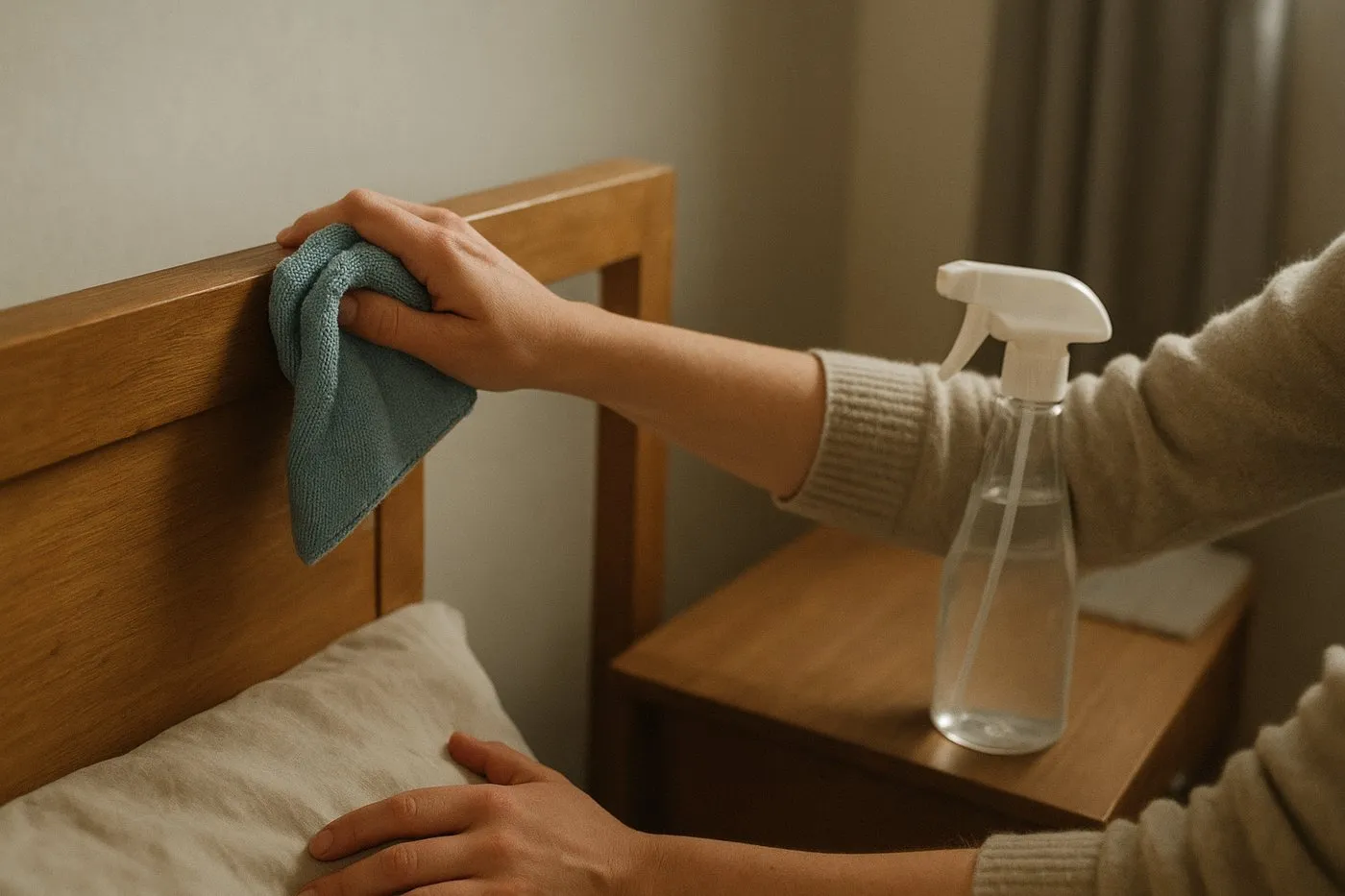 Närbild: en mikrofiberduk torkar av sängens träram uppifrån och ner.