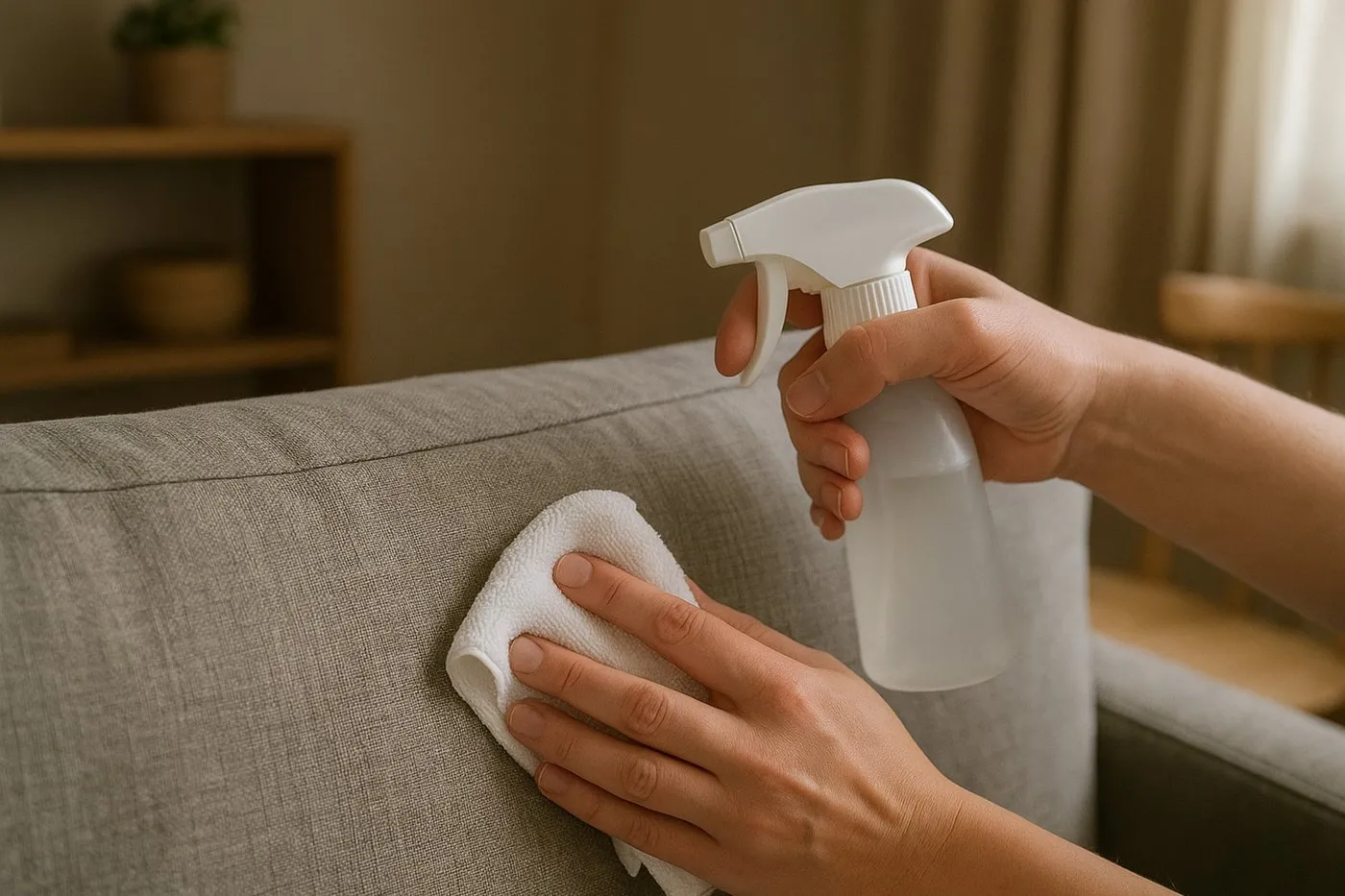 Provtest på dold söm av tygsoffa med vit mikrofiberduk och liten sprayflaska.