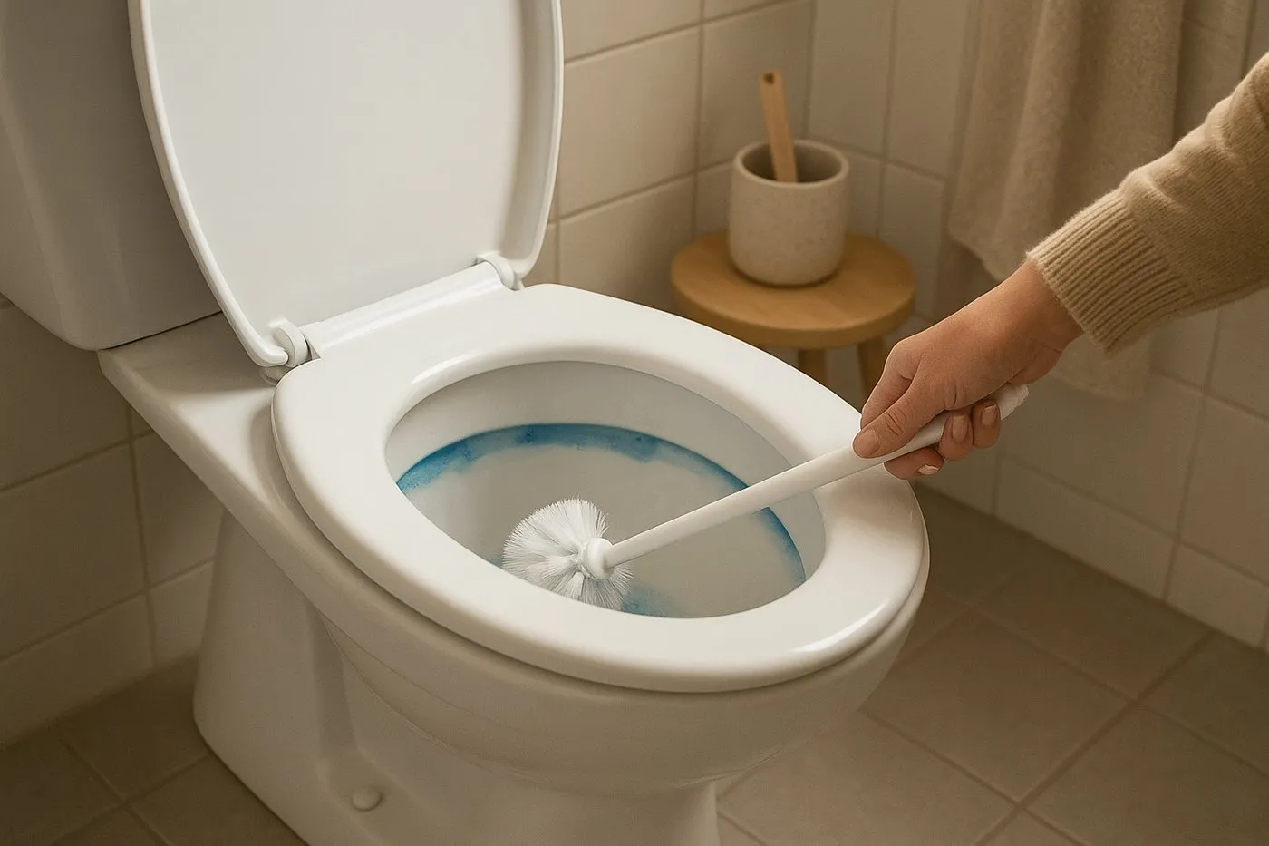 WC‑gel under kanten i skålen och en toalettborste som skrubbar