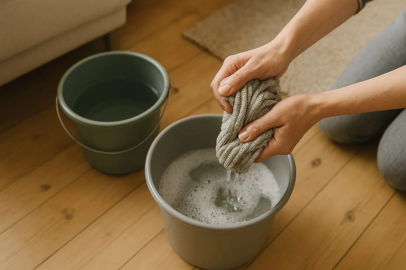 Tvåhinksmetod: en hink med rent vatten, en med svag trägolvlösning, och en urvriden mikrofibermopp.