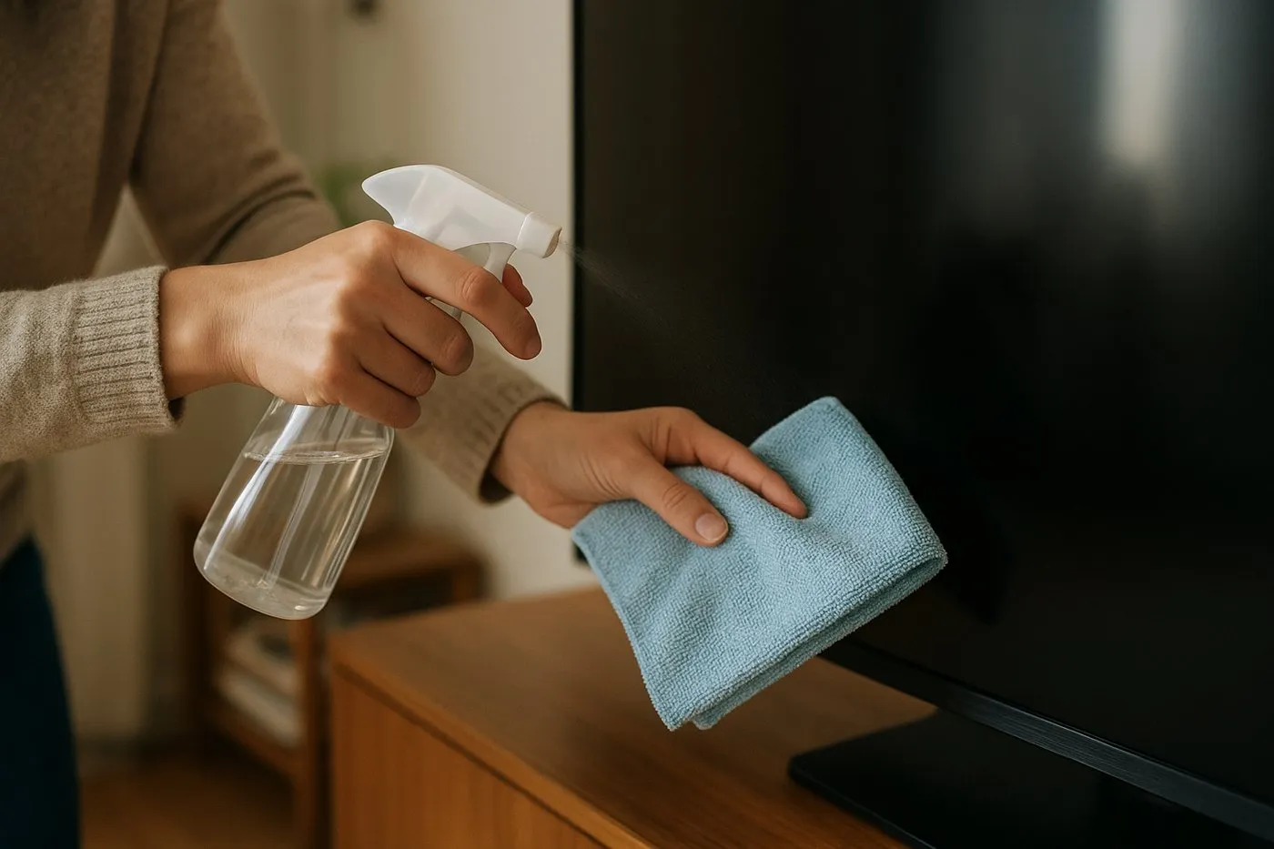 Destillerat vatten sprayas på en mikrofiberduk bredvid en TV – inte direkt på skärmen.